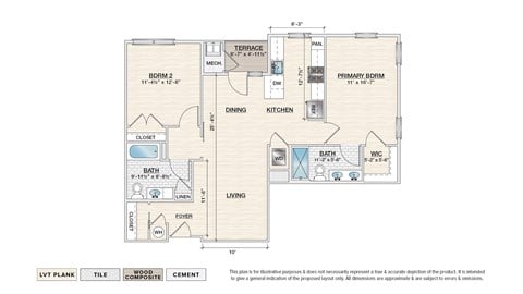 Floor plan for 2 beds, 2 baths, 1127 sqft